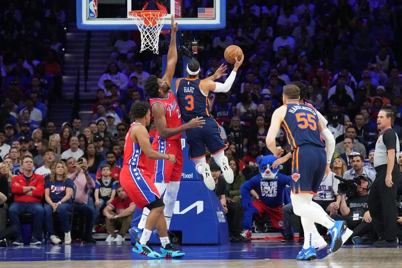 PHILADELPHIA, PA - APRIL 28: Josh Hart #3 of the New York Knicks drives to the basket during the game against the Philadelphia 76ers during Round 1 Game 4 of the 2024 NBA Playoffs on April 28, 2024 at the Wells Fargo Center in Philadelphia, Pennsylvania NOTE TO USER: User expressly acknowledges and agrees that, by downloading and/or using this Photograph, user is consenting to the terms and conditions of the Getty Images License Agreement. Mandatory Copyright Notice: Copyright 2024 NBAE (Photo by Jesse D. Garrabrant/NBAE via Getty Images)