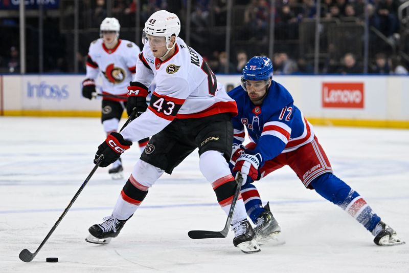 Jan 21, 2025; New York, New York, USA;  New York Rangers center Filip Chytil (72) chases Ottawa Senators defenseman Tyler Kleven (43) during the second period at Madison Square Garden. Mandatory Credit: Dennis Schneidler-Imagn Images