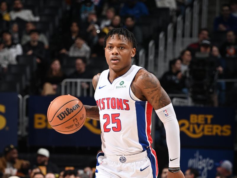 DETROIT, MI - FEBRUARY 3:  Marcus Sasser #25 of the Detroit Pistons dribbles the ball during the game against the Atlanta Hawks on February 3, 2025 at Little Caesars Arena in Detroit, Michigan. NOTE TO USER: User expressly acknowledges and agrees that, by downloading and/or using this photograph, User is consenting to the terms and conditions of the Getty Images License Agreement. Mandatory Copyright Notice: Copyright 2025 NBAE (Photo by Chris Schwegler/NBAE via Getty Images)