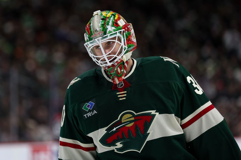 Nov 28, 2025; Saint Paul, Minnesota, USA; Minnesota Wild goaltender Jesper Wallstedt (30) looks on during the third period against the Colorado Avalanche at Grand Casino Arena. Mandatory Credit: Matt Krohn-Imagn Images