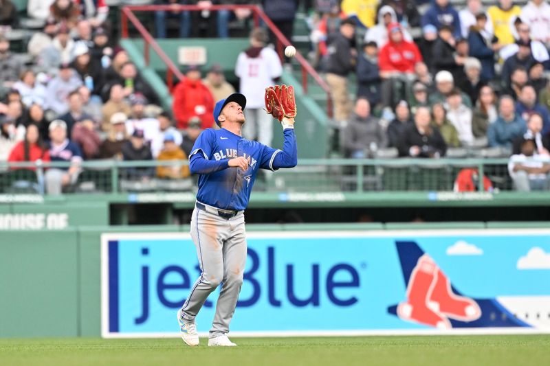 Apr 10, 2025; Boston, Massachusetts, USA; Toronto Blue Jays outfielder Myles Straw (3) makes a catch for an out against the Boston Red Sox during the seventh inning at Fenway Park. Mandatory Credit: Eric Canha-Imagn Images