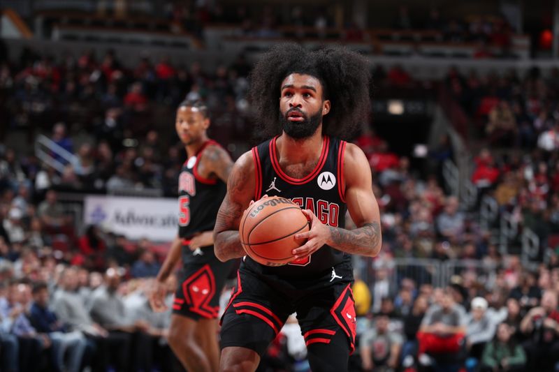 CHICAGO, IL - NOVEMBER 11: Coby White #0 of the Chicago Bulls prepares to shoot a free throw during the game against the Cleveland Cavaliers on November 11, 2024 at United Center in Chicago, Illinois. NOTE TO USER: User expressly acknowledges and agrees that, by downloading and or using this photograph, User is consenting to the terms and conditions of the Getty Images License Agreement. Mandatory Copyright Notice: Copyright 2024 NBAE (Photo by Jeff Haynes/NBAE via Getty Images)