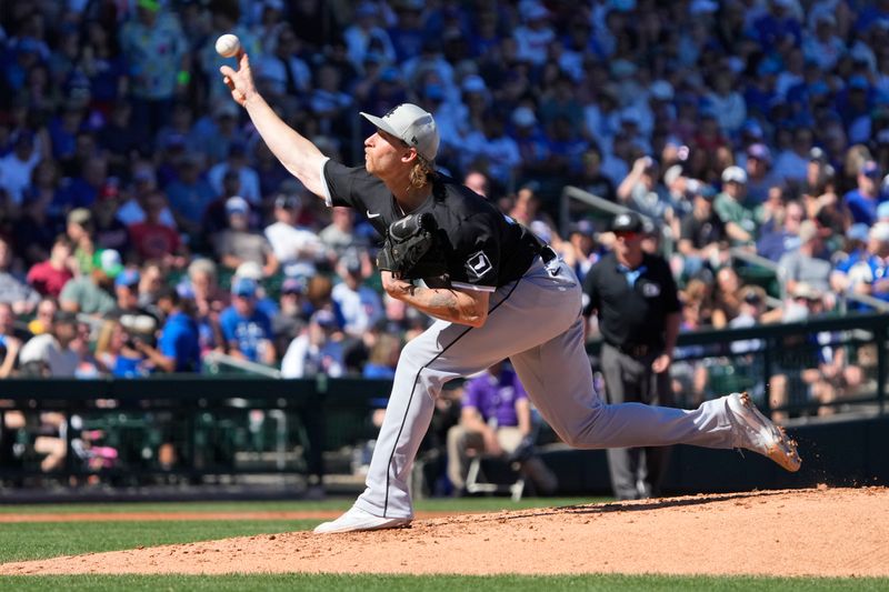 Mar 1, 2024; Mesa, Arizona, USA; Chicago White Sox right pitcher Micheal Kopech (32) throws against the Chicago Cubs during the second inning at Sloan Park. Mandatory Credit: Rick Scuteri-USA TODAY Sports