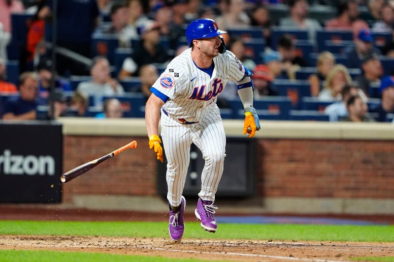 Aug 19, 2024; New York City, New York, USA; New York Mets first baseman Pete Alonso (20) runs out a double against the Baltimore Orioles during the fourth inning at Citi Field. Mandatory Credit: Gregory Fisher-USA TODAY Sports