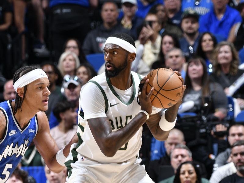 ORLANDO, FL - APRIL 14: Bobby Portis #9 of the Milwaukee Bucks handles the ball during the game again the Orlando Magic on April 14, 2024 at Kia Center in Orlando, Florida. NOTE TO USER: User expressly acknowledges and agrees that, by downloading and or using this photograph, User is consenting to the terms and conditions of the Getty Images License Agreement. Mandatory Copyright Notice: Copyright 2024 NBAE (Photo by Fernando Medina/NBAE via Getty Images)