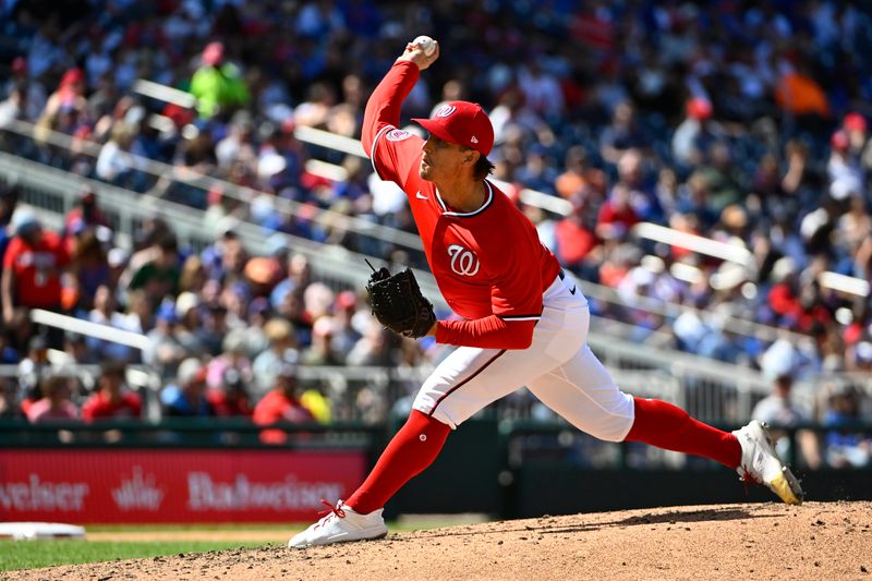 Apr 27, 2025; Washington, District of Columbia, USA; Washington Nationals relief pitcher Lucas Sims (39) throws to the New York Mets during the sixth inning at Nationals Park. Mandatory Credit: Brad Mills-Imagn Images