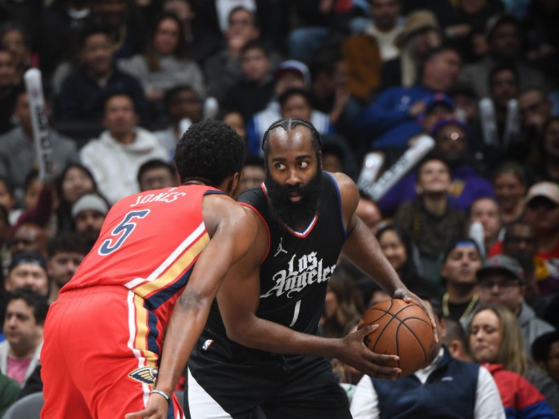 LOS ANGELES, CA - FEBRUARY 7: James Harden #1 of the LA Clippers handles the ball during the game against the New Orleans Pelicans on February 7, 2024 at Crypto.Com Arena in Los Angeles, California. NOTE TO USER: User expressly acknowledges and agrees that, by downloading and/or using this Photograph, user is consenting to the terms and conditions of the Getty Images License Agreement. Mandatory Copyright Notice: Copyright 2024 NBAE (Photo by Andrew D. Bernstein/NBAE via Getty Images)