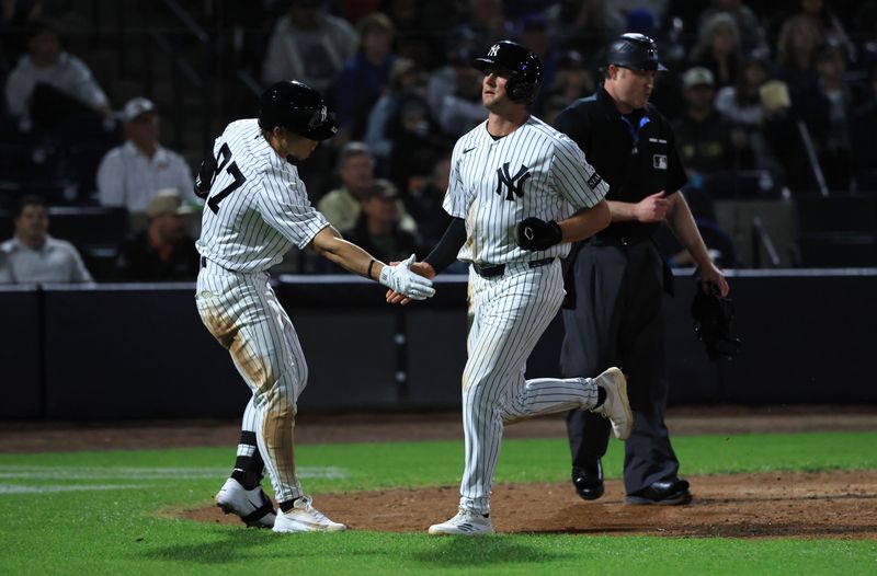 Feb 25, 2026; Tampa, Florida, USA; New York Yankees outfielder Max Schuemann (30) scores a run during the fourth inning against the Washington Nationals at George M. Steinbrenner Field. Mandatory Credit: Kim Klement Neitzel-Imagn Images