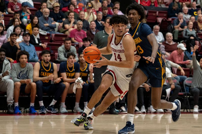 Mar 7, 2024; Stanford, California, USA; Stanford Cardinal forward Spencer Jones (14) drives to the net against California Golden Bears forward Devin Curtis (13) during the second half at Maples Pavillion. Mandatory Credit: Neville E. Guard-USA TODAY Sports