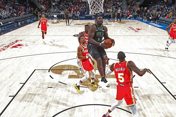 NEW ORLEANS, LA - NOVEMBER 4: Zion Williamson #1 of the New Orleans Pelicans shoots the ball during the game against the Atlanta Hawks on November 4, 2023 at the Smoothie King Center in New Orleans, Louisiana. NOTE TO USER: User expressly acknowledges and agrees that, by downloading and or using this Photograph, user is consenting to the terms and conditions of the Getty Images License Agreement. Mandatory Copyright Notice: Copyright 2023 NBAE (Photo by Layne Murdoch Jr./NBAE via Getty Images)