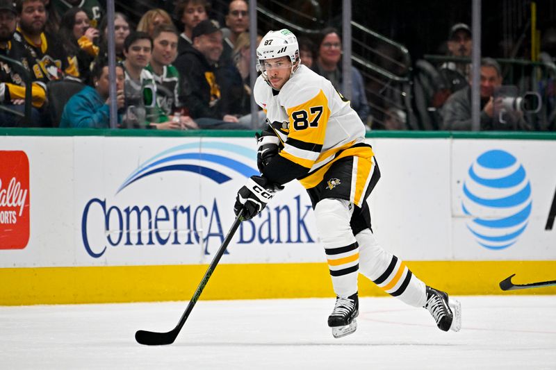 Mar 22, 2024; Dallas, Texas, USA; Pittsburgh Penguins center Sidney Crosby (87) skates against the Dallas Stars during the first period at the American Airlines Center. Mandatory Credit: Jerome Miron-USA TODAY Sports