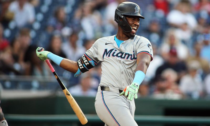 Sep 14, 2024; Washington, District of Columbia, USA; Miami Marlins outfielder Jesus Sanchez (12) strikes out against the Washington Nationals during the seventh inning at Nationals Park. Mandatory Credit: Daniel Kucin Jr.-Imagn Images