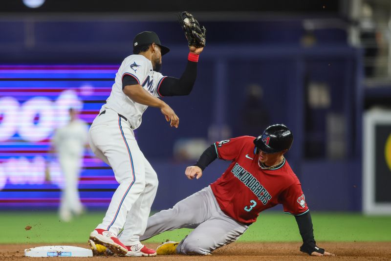 Aug 20, 2024; Miami, Florida, USA; Arizona Diamondbacks designated hitter Joc Pederson (3) steals second base against Miami Marlins second baseman Otto Lopez (61) during the first inning at loanDepot Park. Mandatory Credit: Sam Navarro-USA TODAY Sports