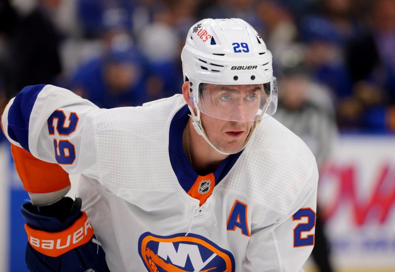 Mar 14, 2024; Buffalo, New York, USA;  New York Islanders center Brock Nelson (29) waits for the face-off during the third period against the Buffalo Sabres at KeyBank Center. Mandatory Credit: Timothy T. Ludwig-USA TODAY Sports