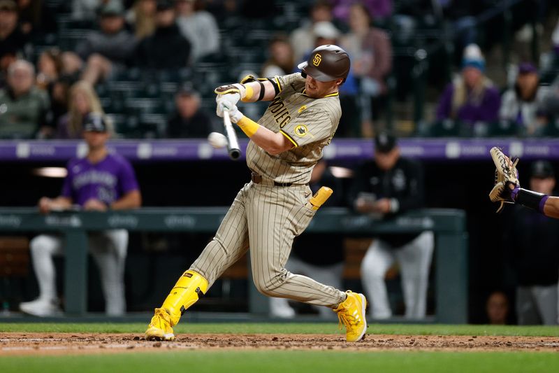 Apr 22, 2024; Denver, Colorado, USA; San Diego Padres first baseman Jake Cronenworth (9) bats in the ninth inning against the Colorado Rockies at Coors Field. Mandatory Credit: Isaiah J. Downing-USA TODAY Sports