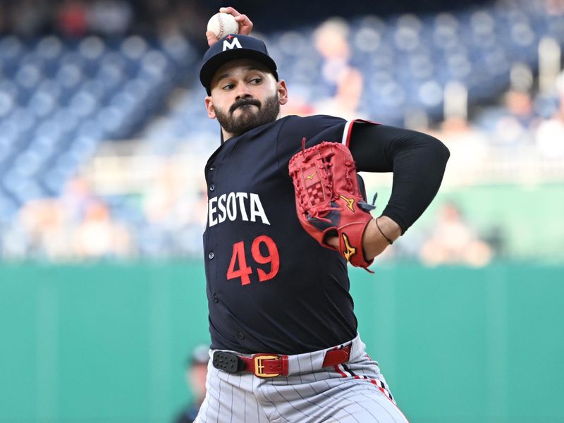 May 20, 2024; Washington, District of Columbia, USA; Minnesota Twins pitcher Pablo López (49) throws a pitch against the Washington Nationals during the first inning at Nationals Park. Mandatory Credit: Rafael Suanes-USA TODAY Sports