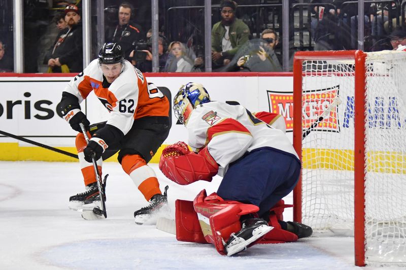 Mar 24, 2024; Philadelphia, Pennsylvania, USA; Florida Panthers goaltender Anthony Stolarz (41) makes a save against Philadelphia Flyers right wing Olle Lycksell (62) during the first period at Wells Fargo Center. Mandatory Credit: Eric Hartline-USA TODAY Sports