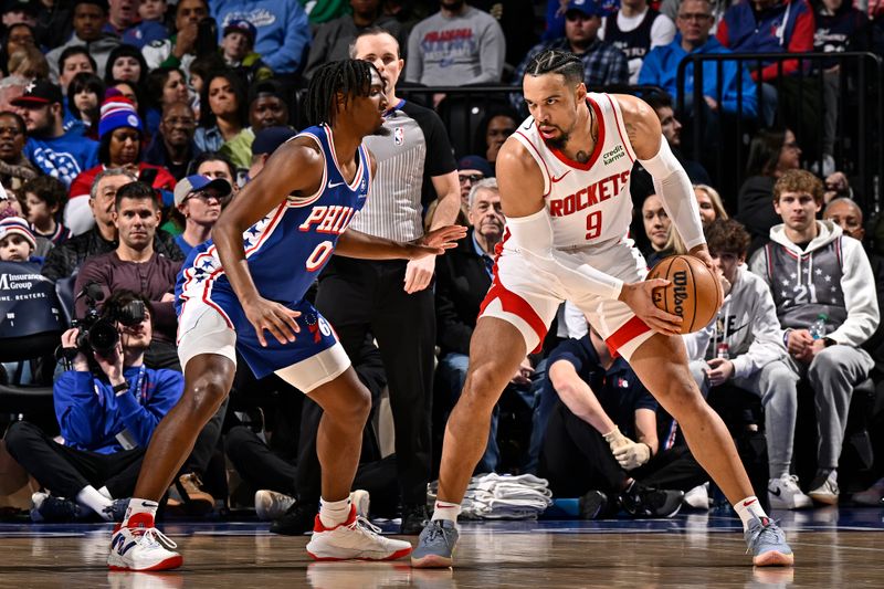 PHILADELPHIA, PA - JANUARY 15: Dillon Brooks #9 of the Houston Rockets looks on during the game against the Philadelphia 76ers on January 15, 2024 at the Wells Fargo Center in Philadelphia, Pennsylvania NOTE TO USER: User expressly acknowledges and agrees that, by downloading and/or using this Photograph, user is consenting to the terms and conditions of the Getty Images License Agreement. Mandatory Copyright Notice: Copyright 2024 NBAE (Photo by David Dow/NBAE via Getty Images)