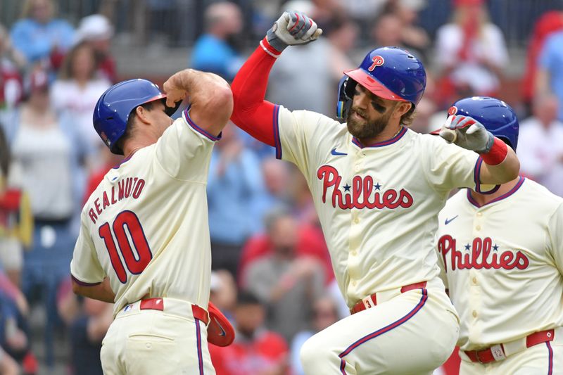 May 6, 2024; Philadelphia, Pennsylvania, USA; Philadelphia Phillies first base Bryce Harper (3) celebrates his three run home run with catcher J.T. Realmuto (10) against the San Francisco Giants  during the fifth inning at Citizens Bank Park. Mandatory Credit: Eric Hartline-USA TODAY Sports