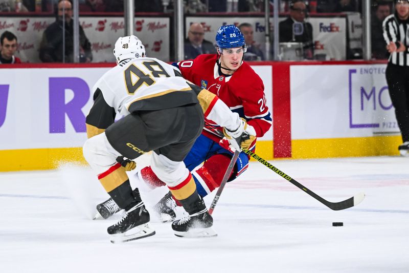 Nov 23, 2024; Montreal, Quebec, CAN; Montreal Canadiens left wing Juraj Slafkovsky (20) plays the puck against Las Vegas Golden Knights center Tomas Hertl (48) during the second period at Bell Centre. Mandatory Credit: David Kirouac-Imagn Images