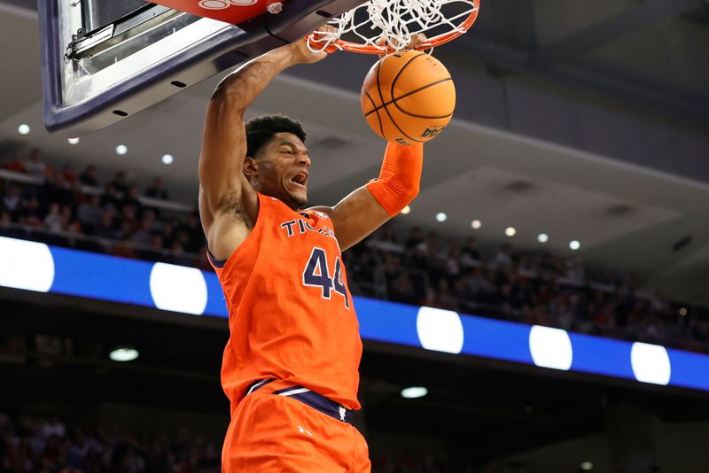 Nov 18, 2022; Auburn, Alabama, USA;  Auburn Tigers center Dylan Cardwell (44) dunks on the Texas Southern Tigers during the second half at Neville Arena. Mandatory Credit: John Reed-USA TODAY Sports