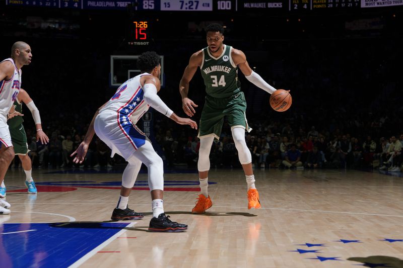 PHILADELPHIA, PA - FEBRUARY 25: Giannis Antetokounmpo #34 of the Milwaukee Bucks dribbles the ball during the game against the Philadelphia 76ers on February 25, 2024 at the Wells Fargo Center in Philadelphia, Pennsylvania NOTE TO USER: User expressly acknowledges and agrees that, by downloading and/or using this Photograph, user is consenting to the terms and conditions of the Getty Images License Agreement. Mandatory Copyright Notice: Copyright 2024 NBAE (Photo by Jesse D. Garrabrant/NBAE via Getty Images)