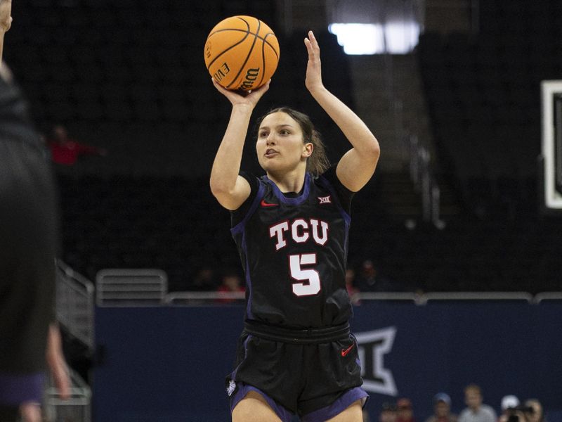 Mar 9, 2024; Kansas City, MO, USA; Texas Christian Horned Frogs guard Una Jovanovic (5) shoots the ball against the Oklahoma Sooners during the first half at T-Mobile Center. Mandatory Credit: Amy Kontras-USA TODAY Sports