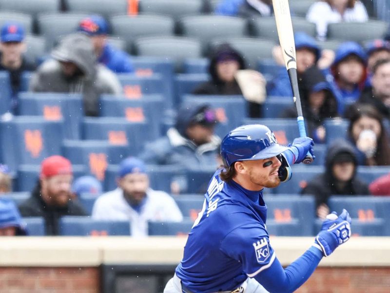 Apr 13, 2024; New York City, New York, USA;  Kansas City Royals shortstop Bobby Witt Jr. (7) hits a triple in the fifth inning against the New York Mets at Citi Field. Mandatory Credit: Wendell Cruz-USA TODAY Sports