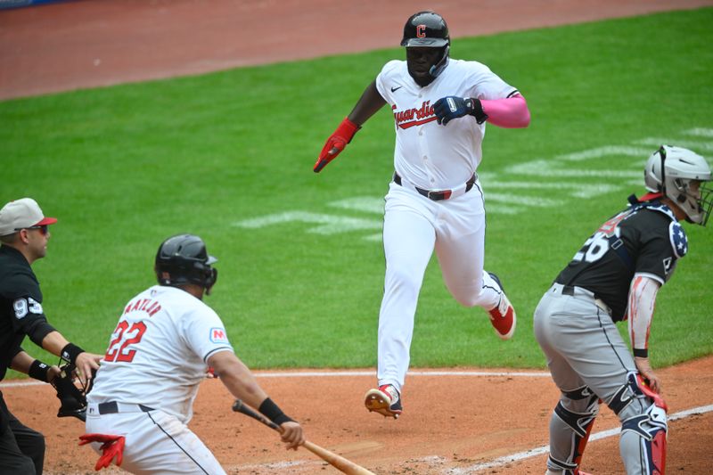 Jul 4, 2024; Cleveland, Ohio, USA; Cleveland Guardians right fielder Jhonkensy Noel (43) scores in the third inning against the Chicago White Sox at Progressive Field. Mandatory Credit: David Richard-USA TODAY Sports