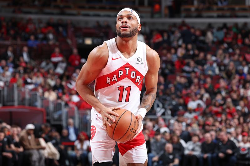 CHICAGO, IL - JANUARY 30: Bruce Brown #11 of the Toronto Raptors shoots a free throw during the game against the Chicago Bulls on January 30, 2024 at United Center in Chicago, Illinois. NOTE TO USER: User expressly acknowledges and agrees that, by downloading and or using this photograph, User is consenting to the terms and conditions of the Getty Images License Agreement. Mandatory Copyright Notice: Copyright 2024 NBAE (Photo by Jeff Haynes/NBAE via Getty Images)