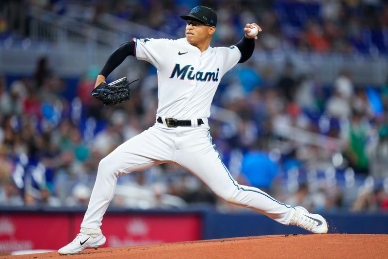 Sep 17, 2023; Miami, Florida, USA; Miami Marlins starting pitcher Jesus Luzardo (44) throws a pitch against the Atlanta Braves during the first inning at loanDepot Park. Mandatory Credit: Rich Storry-USA TODAY Sports