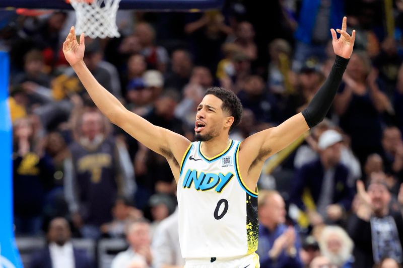 INDIANAPOLIS, INDIANA - NOVEMBER 17: Tyrese Haliburton #0 of the Indiana Pacers reacts during the second half against the Miami Heat at Gainbridge Fieldhouse on November 17, 2024 in Indianapolis, Indiana. NOTE TO USER: User expressly acknowledges and agrees that, by downloading and or using this photograph, User is consenting to the terms and conditions of the Getty Images License Agreement. (Photo by Justin Casterline/Getty Images)