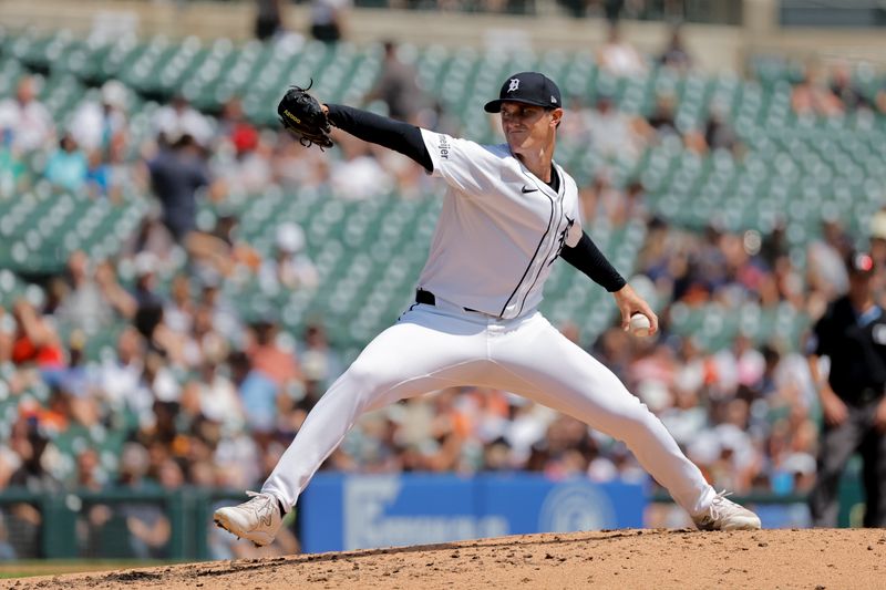 Jul 28, 2024; Detroit, Michigan, USA;  Detroit Tigers relief pitcher Easton Lucas (57) pitches in the third inning against the Minnesota Twins at Comerica Park. Mandatory Credit: Rick Osentoski-USA TODAY Sports