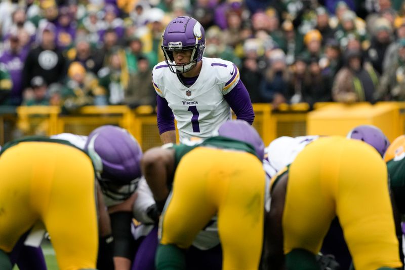 Minnesota Vikings place kicker Greg Joseph waits for the snap during the second half of an NFL football game against the Green Bay Packers Sunday, Oct. 29, 2023, in Green Bay, Wis. (AP Photo/Morry Gash)