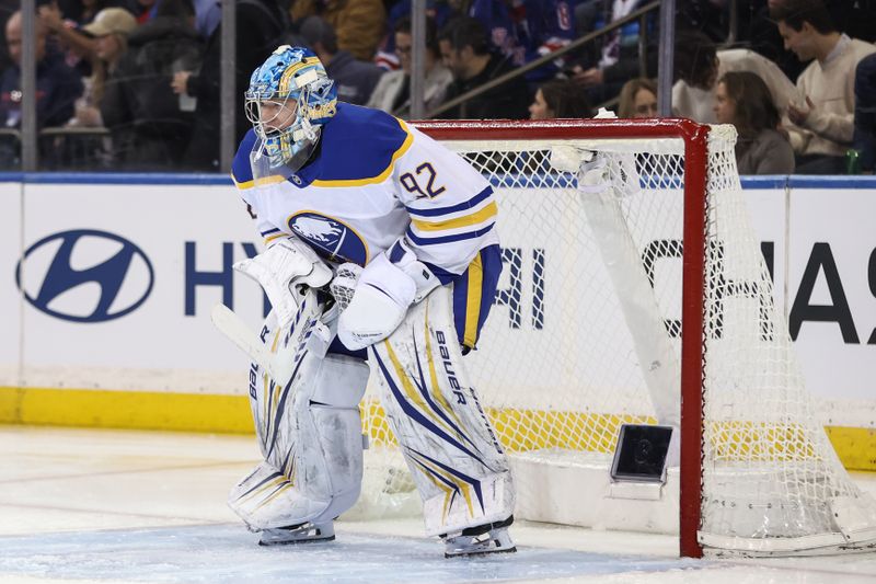 Jan 8, 2026; New York, New York, USA;  Buffalo Sabres goaltender Colten Ellis (92) takes to the ice at the start of the match against the New York Rangers at Madison Square Garden. Mandatory Credit: Wendell Cruz-Imagn Images