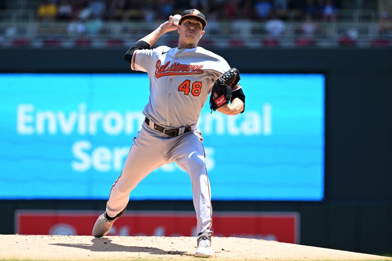 Jul 9, 2023; Minneapolis, Minnesota, USA; Baltimore Orioles starting pitcher Kyle Gibson (48) throws a pitch against the Minnesota Twins during the first inning at Target Field. Mandatory Credit: Jeffrey Becker-USA TODAY Sports