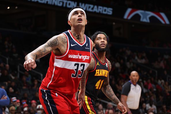 WASHINGTON, DC -? DECEMBER 31: Kyle Kuzma #33 of the Washington Wizards boxes out during the game against the Atlanta Hawks on December 31, 2023 at Capital One Arena in Washington, DC. NOTE TO USER: User expressly acknowledges and agrees that, by downloading and or using this Photograph, user is consenting to the terms and conditions of the Getty Images License Agreement. Mandatory Copyright Notice: Copyright 2023 NBAE (Photo by Stephen Gosling/NBAE via Getty Images)