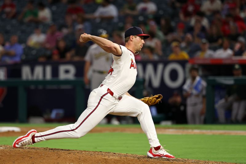 Jul 25, 2024; Anaheim, California, USA;  Los Angeles Angels relief pitcher Ben Joyce (44) pitches during the seventh inning against the Oakland Athletics at Angel Stadium. Mandatory Credit: Kiyoshi Mio-USA TODAY Sports