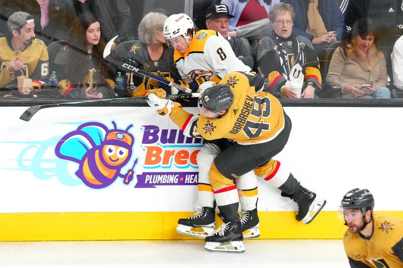 Feb 20, 2024; Las Vegas, Nevada, USA; Vegas Golden Knights center Ivan Barbashev (49) checks Nashville Predators center Cody Glass (8) during the third period at T-Mobile Arena. Mandatory Credit: Stephen R. Sylvanie-USA TODAY Sports