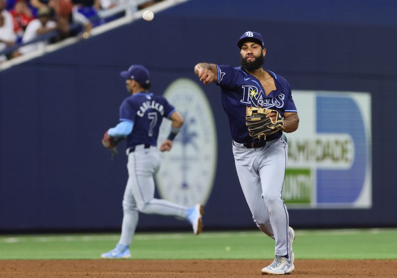 Jun 5, 2024; Miami, Florida, USA; Tampa Bay Rays third baseman Amed Rosario (10) throws to first base and retires Miami Marlins shortstop Tim Anderson (not pictured) during the fifth inning at loanDepot Park. Mandatory Credit: Sam Navarro-USA TODAY Sports