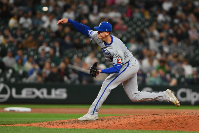 May 14, 2024; Seattle, Washington, USA; Kansas City Royals relief pitcher James McArthur (66) pitches to the Seattle Mariners during the eighth inning at T-Mobile Park. Mandatory Credit: Steven Bisig-USA TODAY Sports