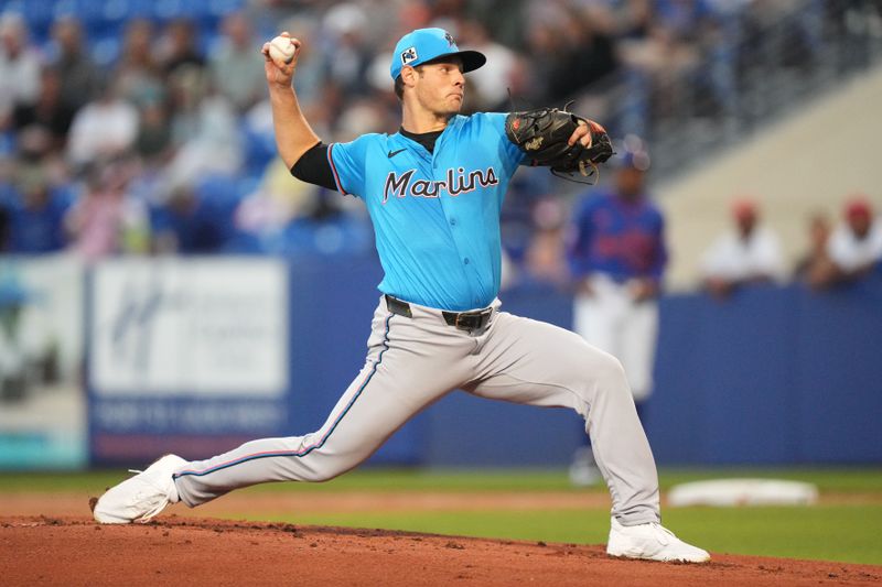 Mar 3, 2025; Port St. Lucie, Florida, USA;  Miami Marlins pitcher Connor Gillispie (55) pitches in the first inning against the New York Mets at Clover Park. Mandatory Credit: Jim Rassol-Imagn Images