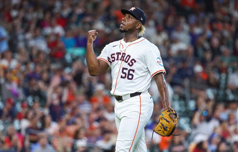 Jun 5, 2024; Houston, Texas, USA; Houston Astros starting pitcher Ronel Blanco (56) reacts after a play during the fourth inning against the St. Louis Cardinals at Minute Maid Park. Mandatory Credit: Troy Taormina-USA TODAY Sports