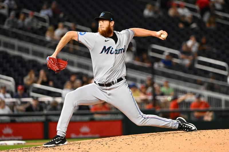 Aug 31, 2023; Washington, District of Columbia, USA; Miami Marlins relief pitcher A.J. Puk (35) throws to the Washington Nationals during the ninth inning  at Nationals Park. Mandatory Credit: Brad Mills-USA TODAY Sports