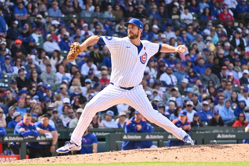 May 26, 2025; Chicago, Illinois, USA; Chicago Cubs relief pitcher Drew Pomeranz (45) pitches during the eighth inning against the Chicago Cubs at Wrigley Field. Mandatory Credit: Patrick Gorski-Imagn Images