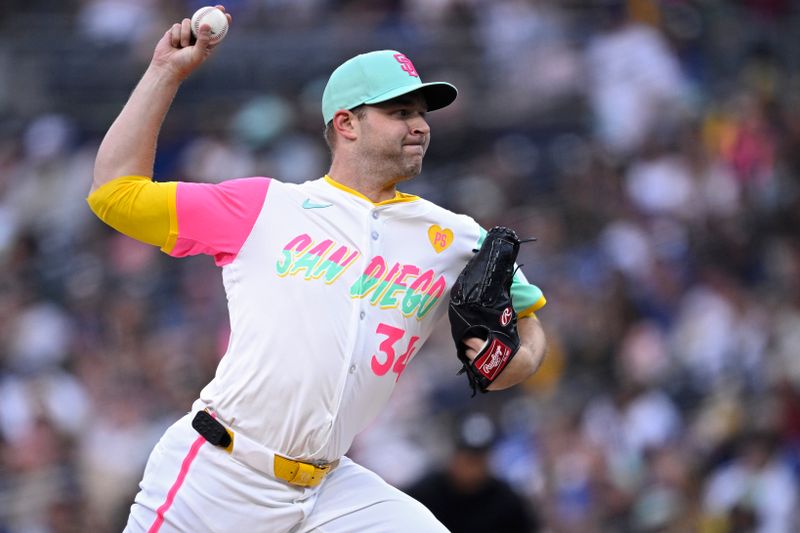 May 10, 2024; San Diego, California, USA; San Diego Padres starting pitcher Michael King (34) throws a pitch against the Los Angeles Dodgers during the first inning at Petco Park. Mandatory Credit: Orlando Ramirez-USA TODAY Sports