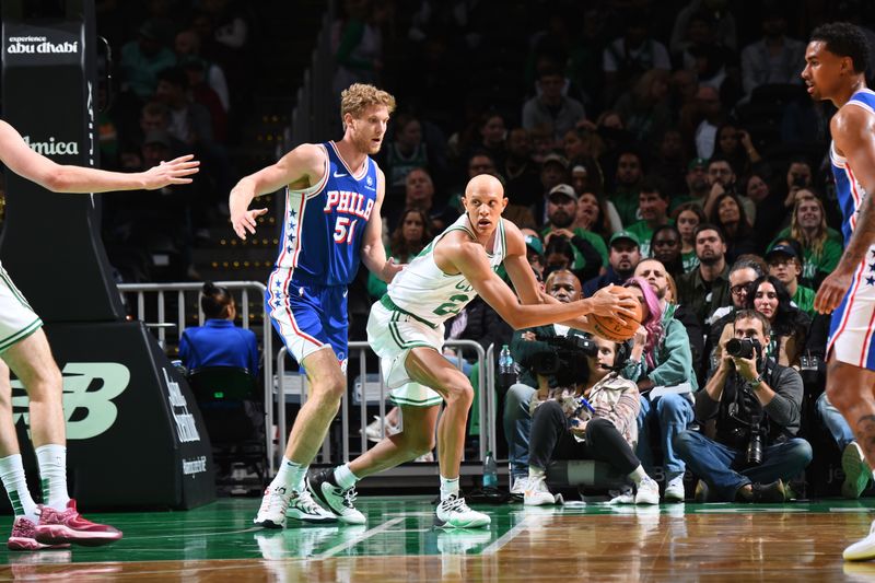 BOSTON, MA - OCTOBER 12: Jordan Walsh #27 of the Boston Celtics handles the ball during the game against the Philadelphia 76ers during a NBA Preseason game on October 12, 2024 at TD Garden in Boston, Massachusetts. NOTE TO USER: User expressly acknowledges and agrees that, by downloading and/or using this Photograph, user is consenting to the terms and conditions of the Getty Images License Agreement. Mandatory Copyright Notice: Copyright 2024 NBAE (Photo by Brian Babineau/NBAE via Getty Images)