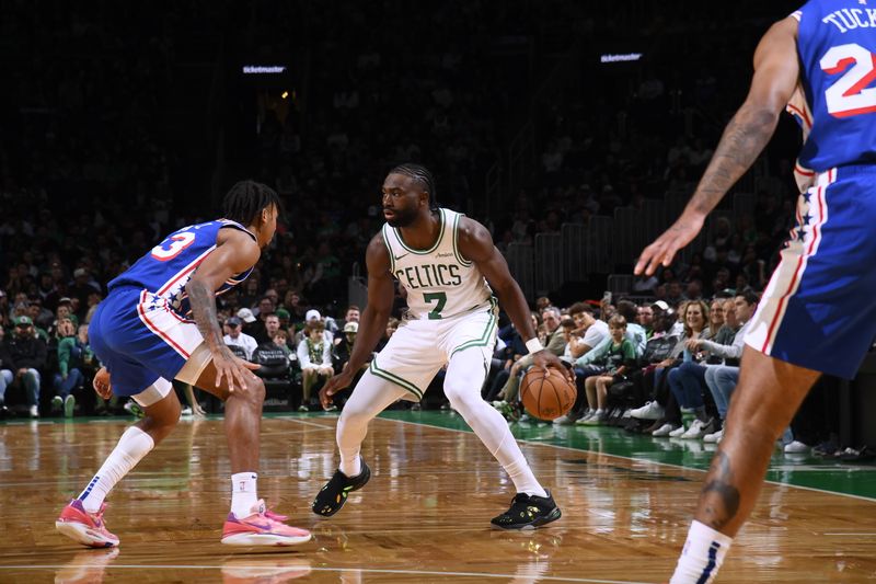 BOSTON, MA - OCTOBER 12: Jaylen Brown #7 of the Boston Celtics handles the ball during the game against the Philadelphia 76ers during a NBA Preseason game on October 12, 2024 at TD Garden in Boston, Massachusetts. NOTE TO USER: User expressly acknowledges and agrees that, by downloading and/or using this Photograph, user is consenting to the terms and conditions of the Getty Images License Agreement. Mandatory Copyright Notice: Copyright 2024 NBAE (Photo by Brian Babineau/NBAE via Getty Images)