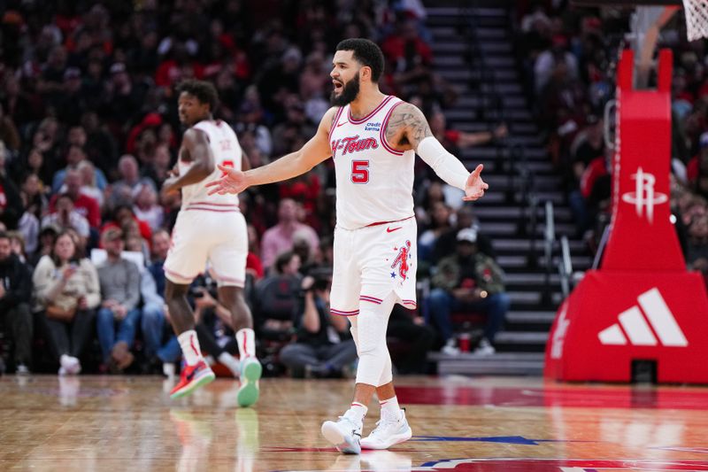 HOUSTON, TEXAS - DECEMBER 27: Fred VanVleet #5 of the Houston Rockets reacts to a call during the third quarter of the game against the Phoenix Suns at Toyota Center on December 27, 2023 in Houston, Texas. User expressly acknowledges and agrees that, by downloading and or using this photograph, User is consenting to the terms and conditions of the Getty Images License Agreement. (Photo by Alex Bierens de Haan/Getty Images)