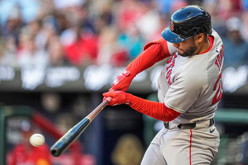 May 30, 2025; Cumberland, Georgia, USA; Boston Red Sox first baseman Abraham Toro (29) singles against the Atlanta Braves during the second inning at Truist Park. Mandatory Credit: Dale Zanine-Imagn Images